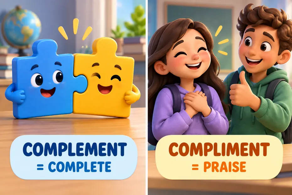 Complement means complete; compliment means praise