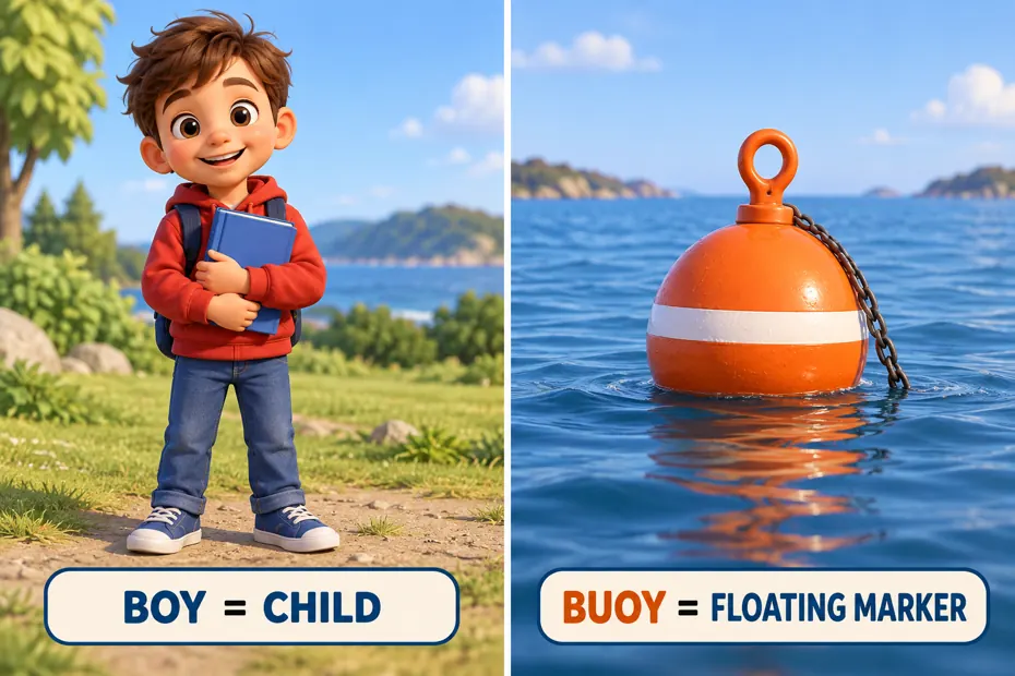 Boy names a child; buoy names a floating marker
