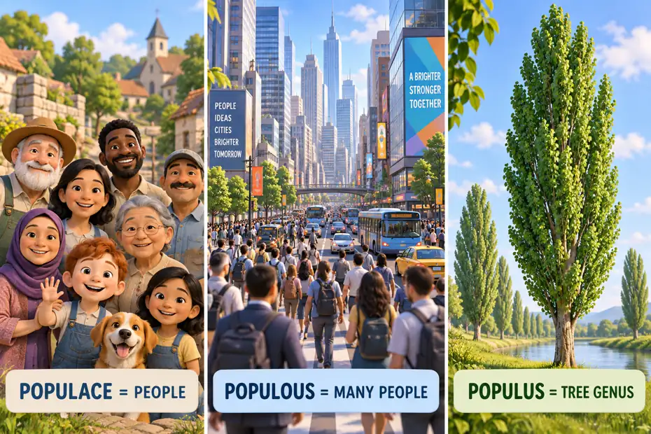 Populace names people; populous describes population; Populus is a tree genus
