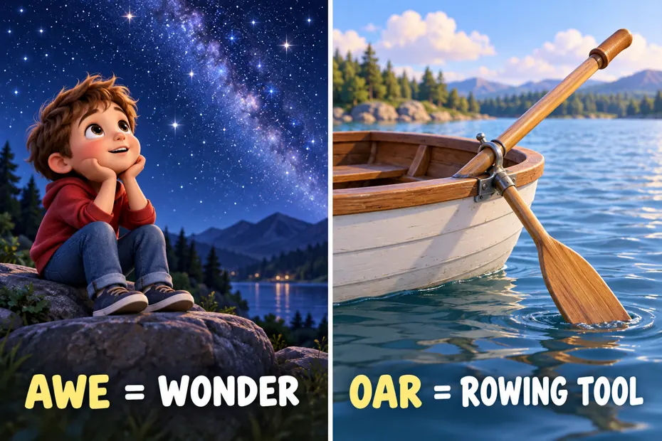 Awe means wonder; an oar is a rowing tool