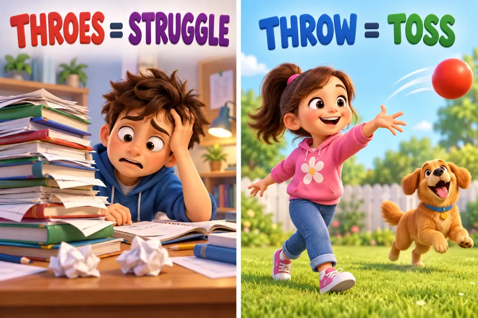 Throes describes struggle; throw can mean toss