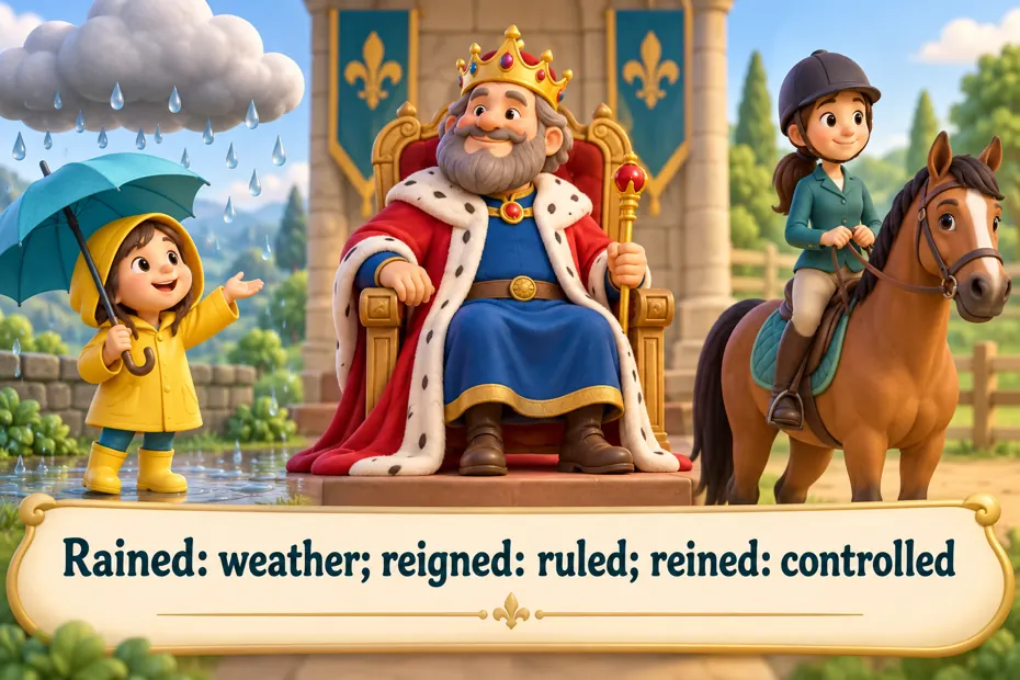 Rained: weather; reigned: ruled; reined: controlled