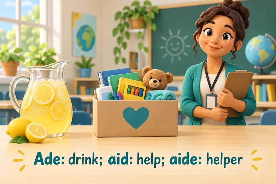 Ade: drink; aid: help; aide: helper