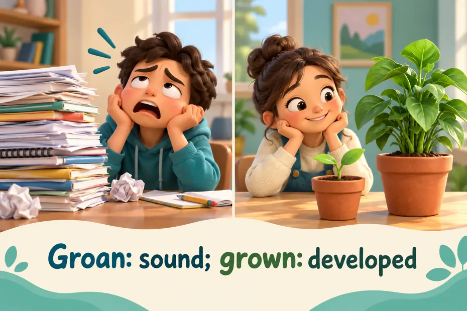 Groan: sound; grown: developed