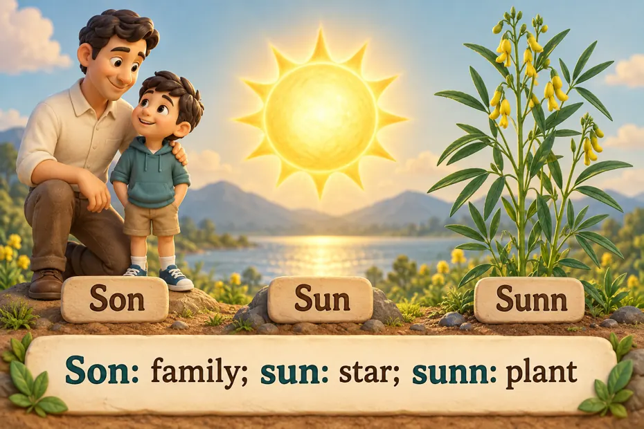 Son: family; sun: star; sunn: plant