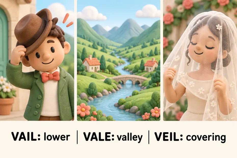 Vail: lower; vale: valley; veil: covering