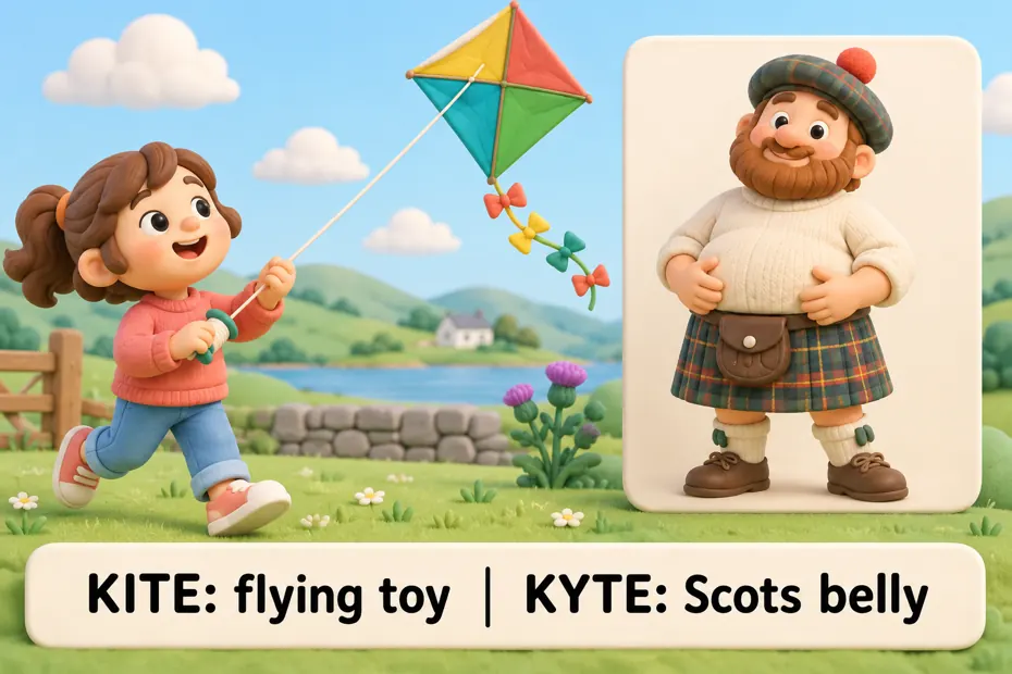Kite: flying toy; kyte: Scots belly
