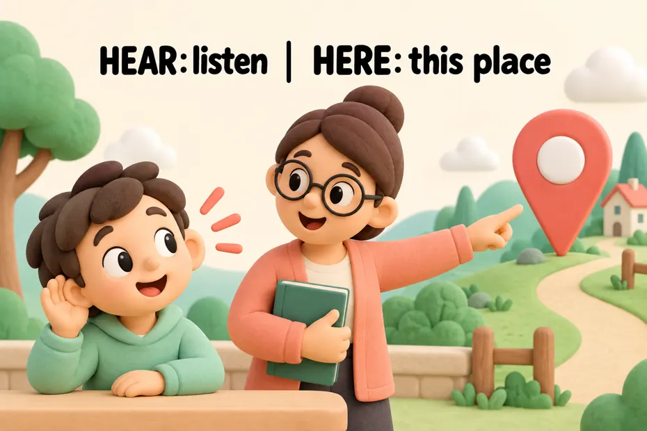 Hear: listen; here: this place