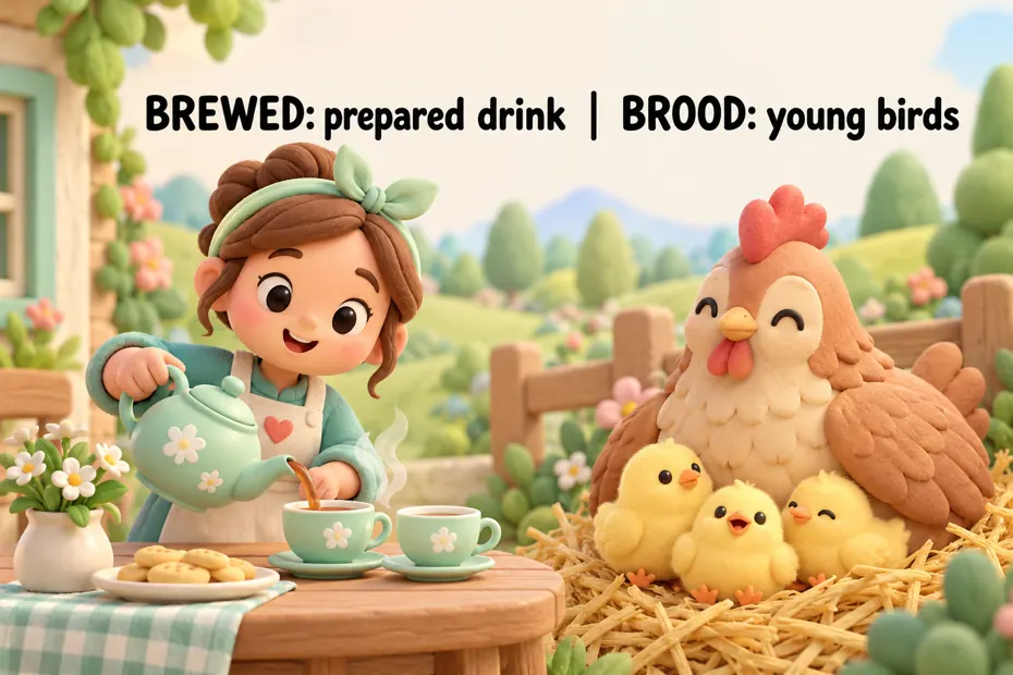 Brewed: prepared drink; brood: young birds