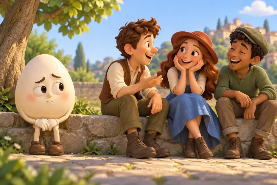 A sheepish storybook egg character stands apart from three friendly characters in a bright, playful scene.
