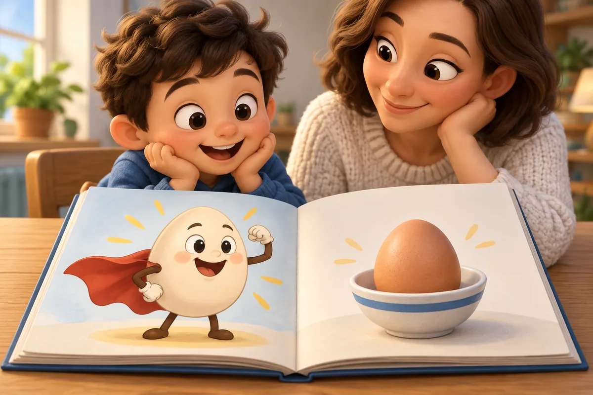 A child and a parent compare a picture-book egg character with a fresh egg in a bowl.