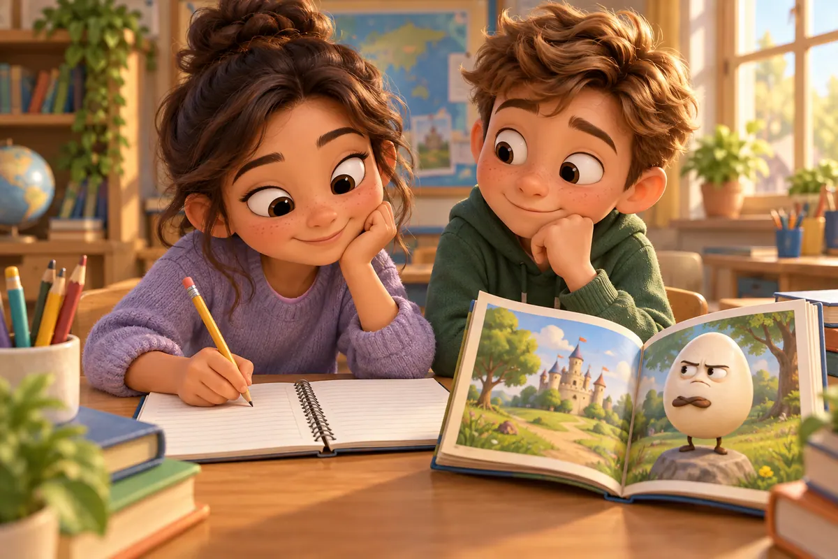 A student writes an idiom example while a classmate points to a storybook character.