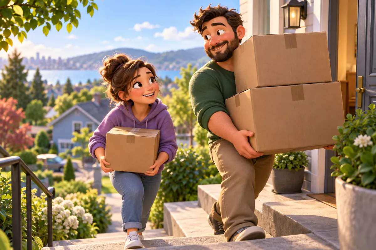 A friend helps carry one small box alongside someone with larger boxes.
