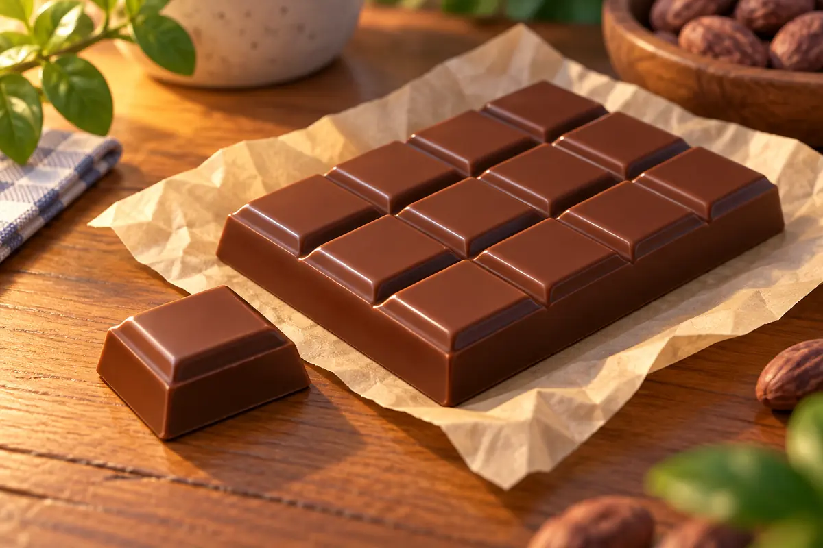 A small piece of chocolate rests beside a complete unlabelled chocolate bar.