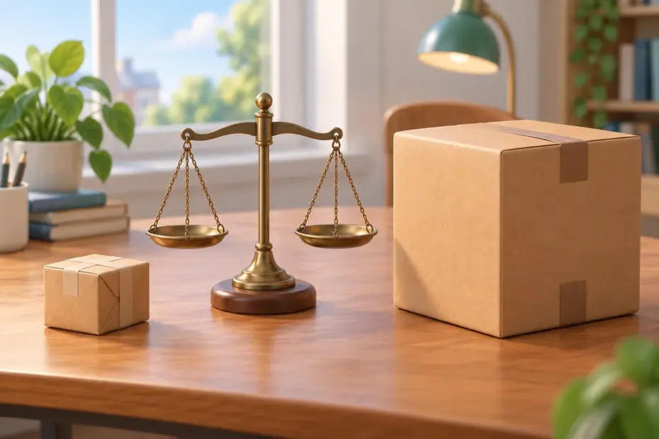 A small parcel and a larger box sit beside a balance scale, illustrating a stronger comparison.