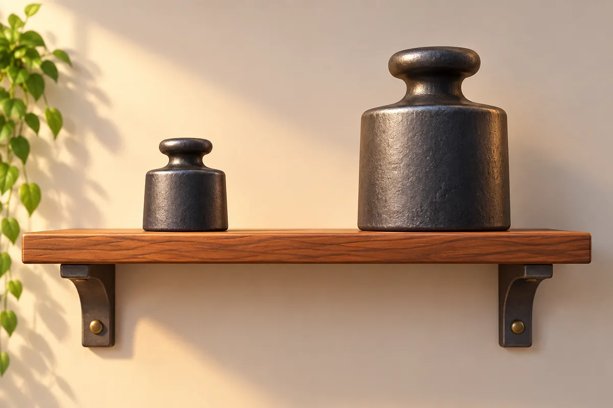 Two weights sit on a sturdy shelf, with the heavier one showing the stronger case in an inference.