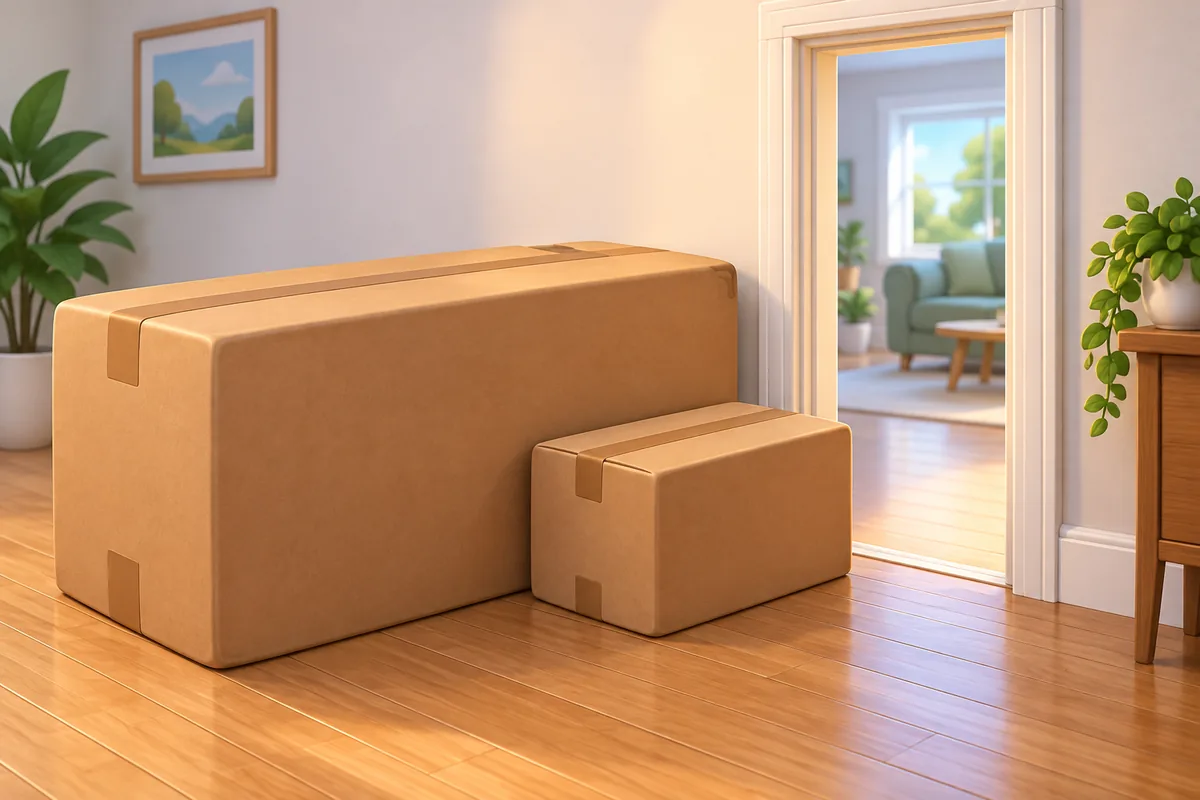 A large box cannot pass through a narrow doorway after a smaller box also fails to fit.