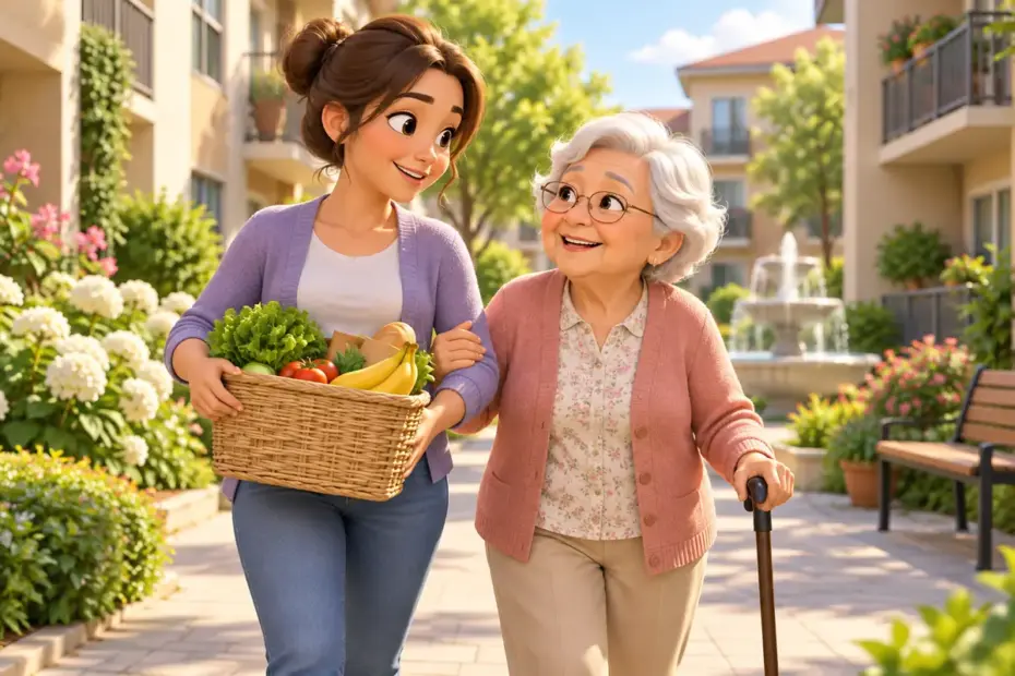 A neighbor helps an older resident carry groceries through a sunny courtyard.