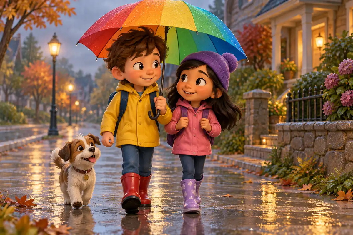 A child shares an umbrella with a friend in the rain.
