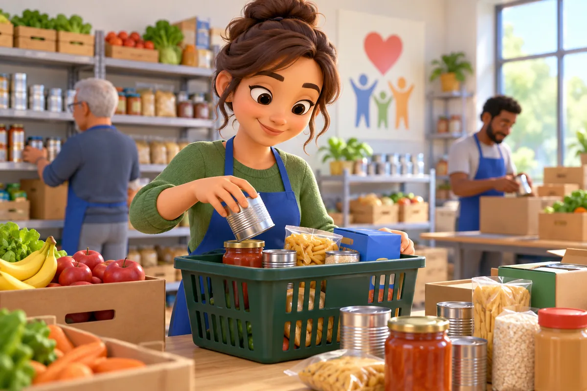A volunteer sorts pantry supplies for neighbors at a community food shelf.