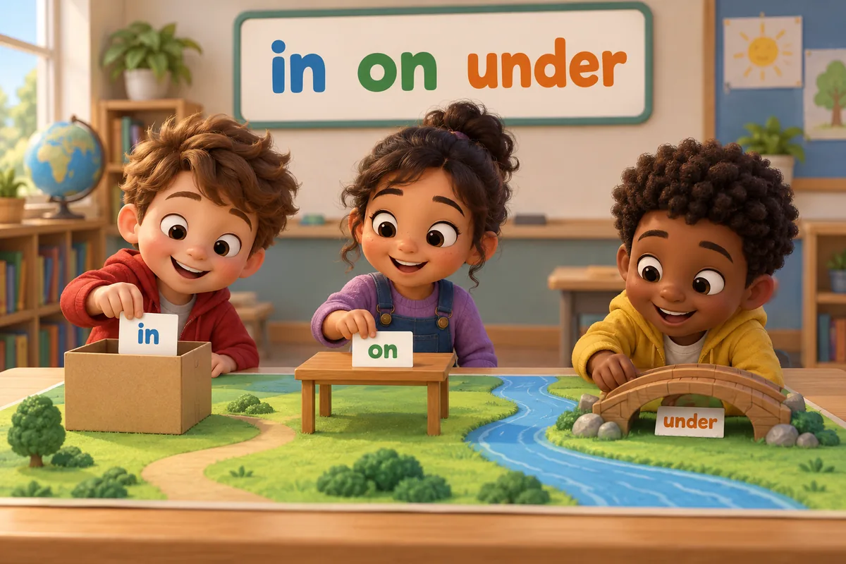 Cartoon children place word cards on a map, showing an a to z list of preposition words such as in, on and under.