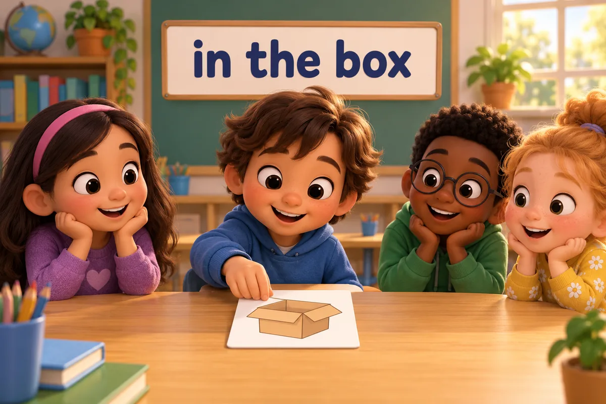 A cartoon child tucks a picture card of a box under a sentence strip that reads in the box.