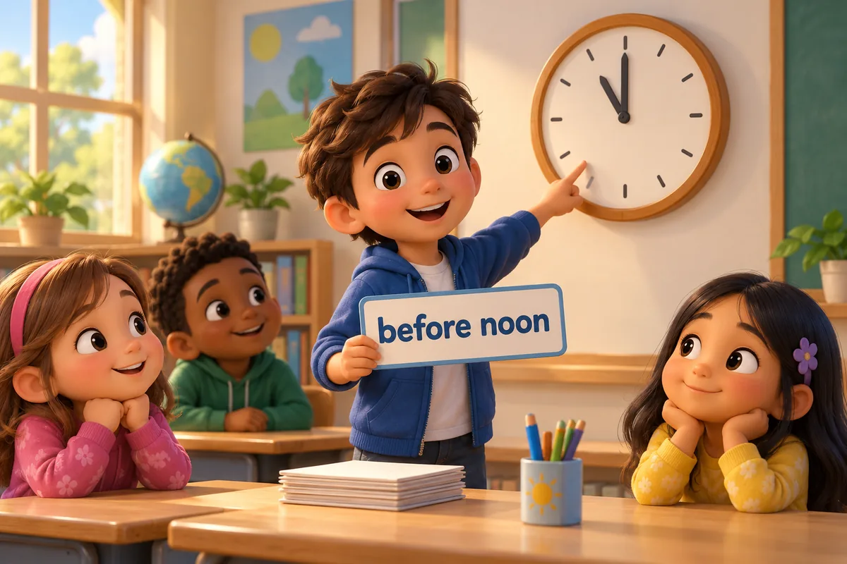 A cartoon child points to a clock near midday while holding a card reading before noon.