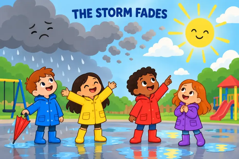 Cartoon children watch a storm fade to sunshine, showing abate in a sentence as an intensity easing.