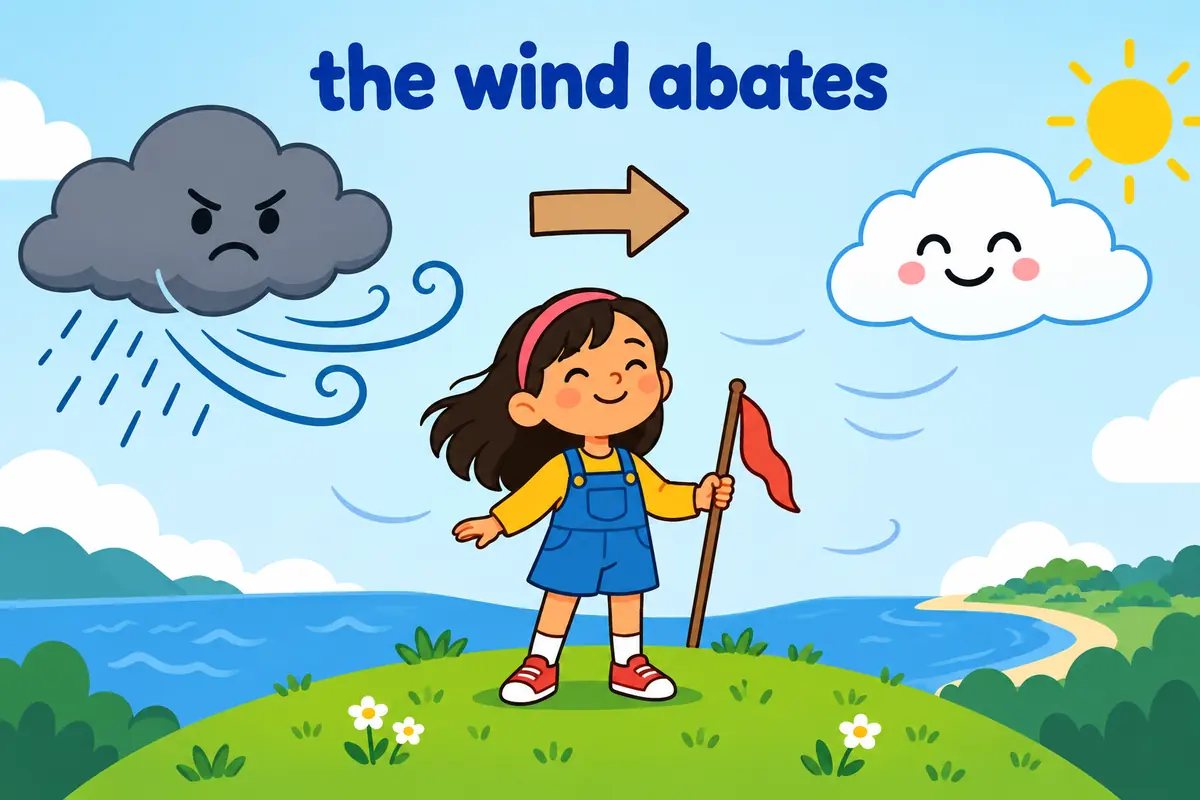 A cartoon weather chart shows wind lines thinning and a small flag drooping as the wind abates on its own.