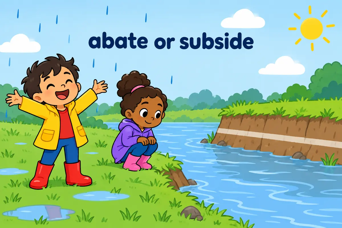 A cartoon single continuous scene contrasts thinning rain clouds with floodwater sinking, teaching abate and subside as different ideas.