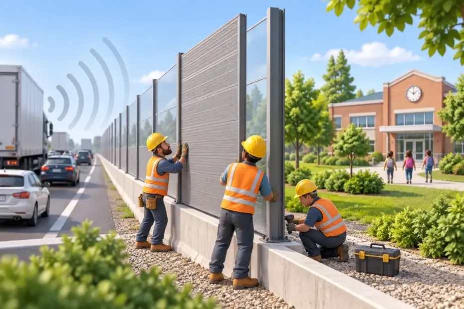 Workers install a sound barrier beside a road near a school to reduce traffic noise.