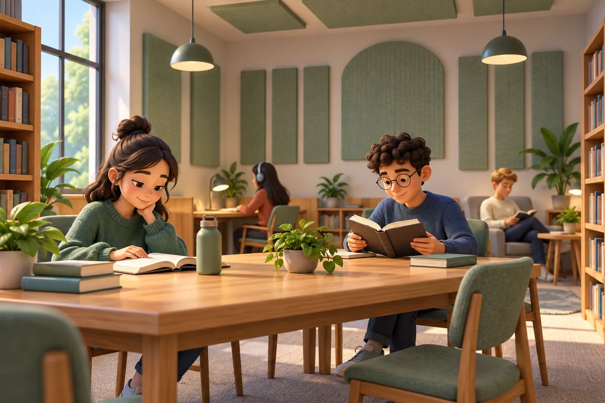 Readers study quietly in a library room fitted with sound-absorbing wall panels.