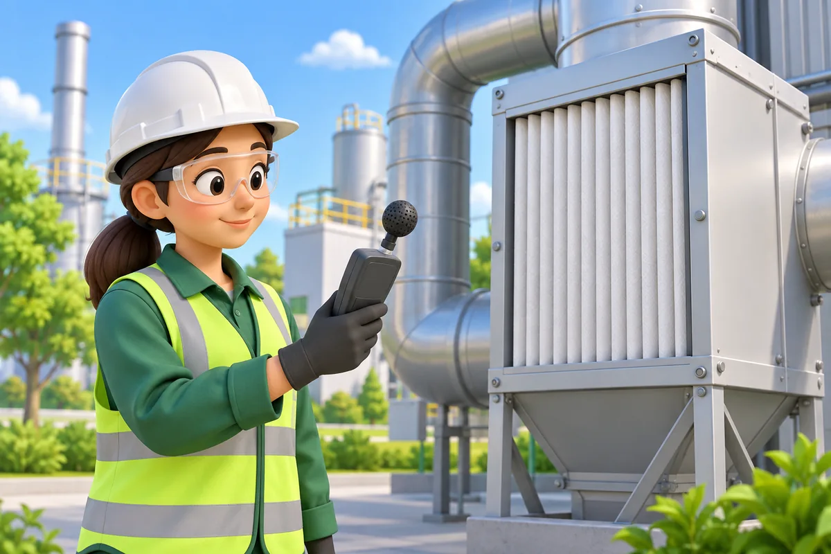 An environmental worker checks an air-monitoring instrument beside a building ventilation filter.