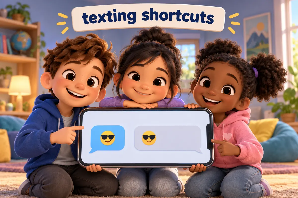 Cartoon children send abbreviations for texting like BRB and FYI in chat bubbles across a bright phone screen.