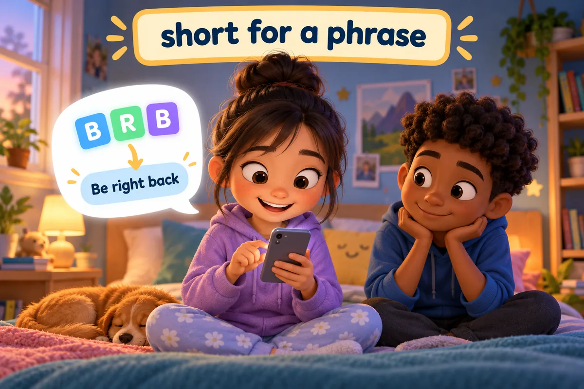 Cartoon children type short texting shortcuts that expand into full phrases in speech bubbles.