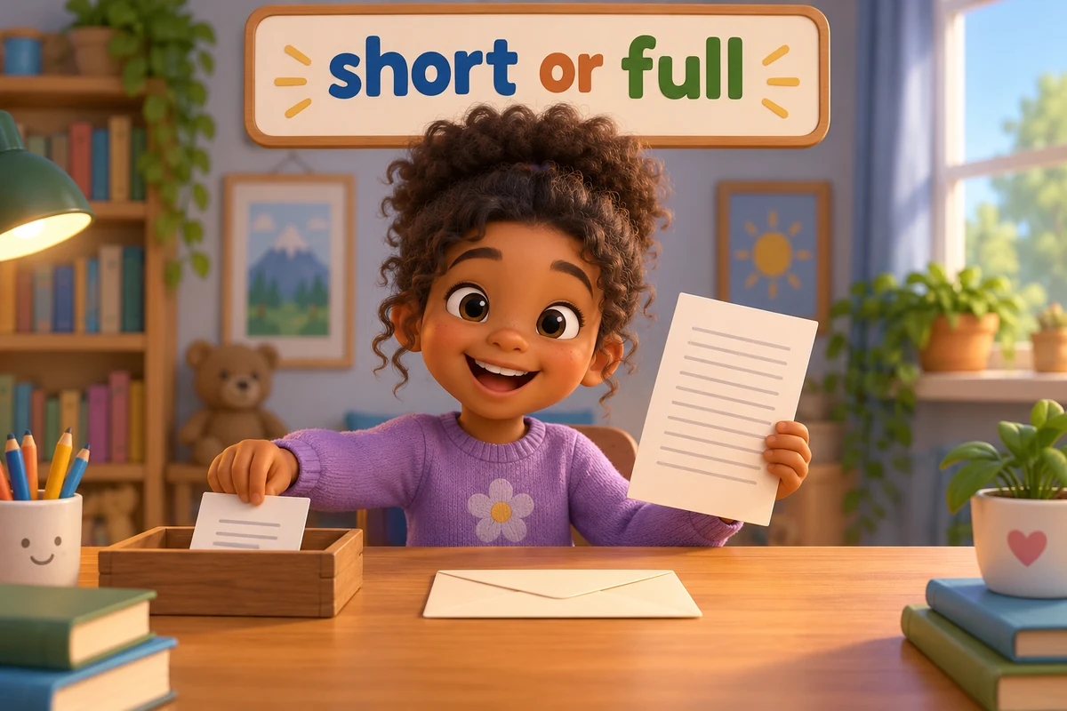 A cartoon child picks the full phrase over a shortcut for a formal letter.