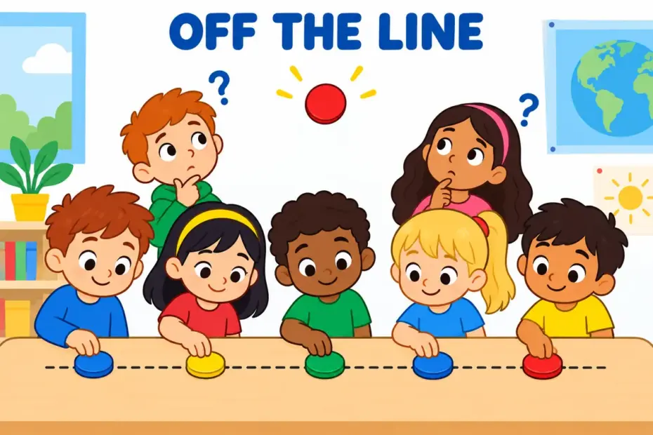 Cartoon children line up dots while one bright dot floats high above the row, showing aberrant in a sentence as a departure from the norm.