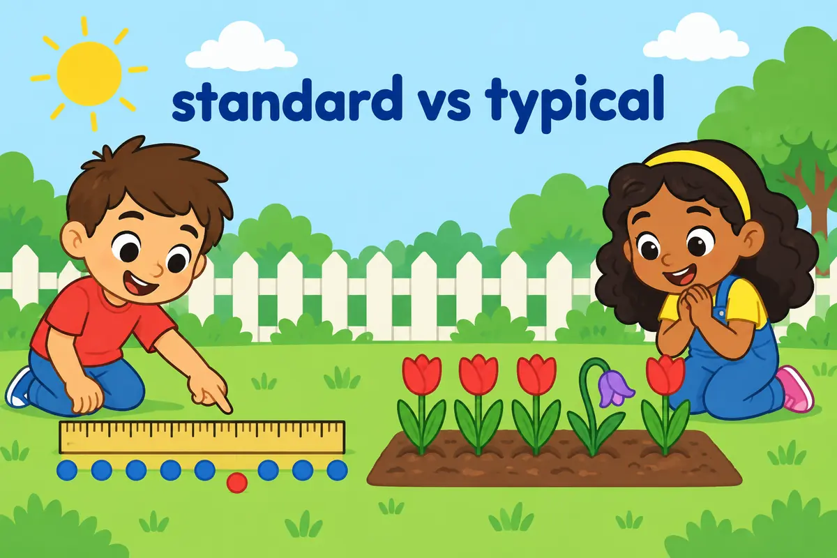 A cartoon single scene contrasts one odd dot breaking a neat row with a flower that simply looks unusual.
