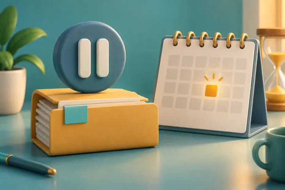 A project folder rests beneath a pause symbol while a calendar shows a review date, representing a plan held in abeyance.
