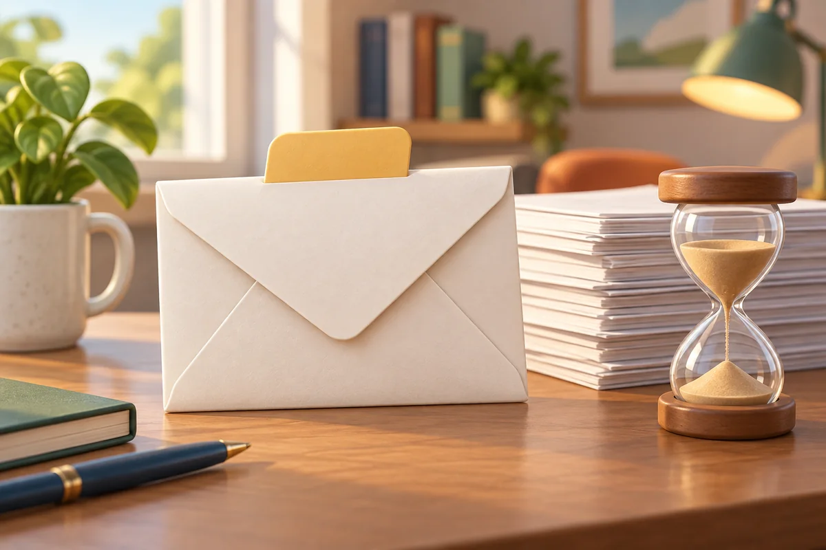 A sealed envelope marked only by a blank waiting tab sits beside a stack of documents awaiting review.