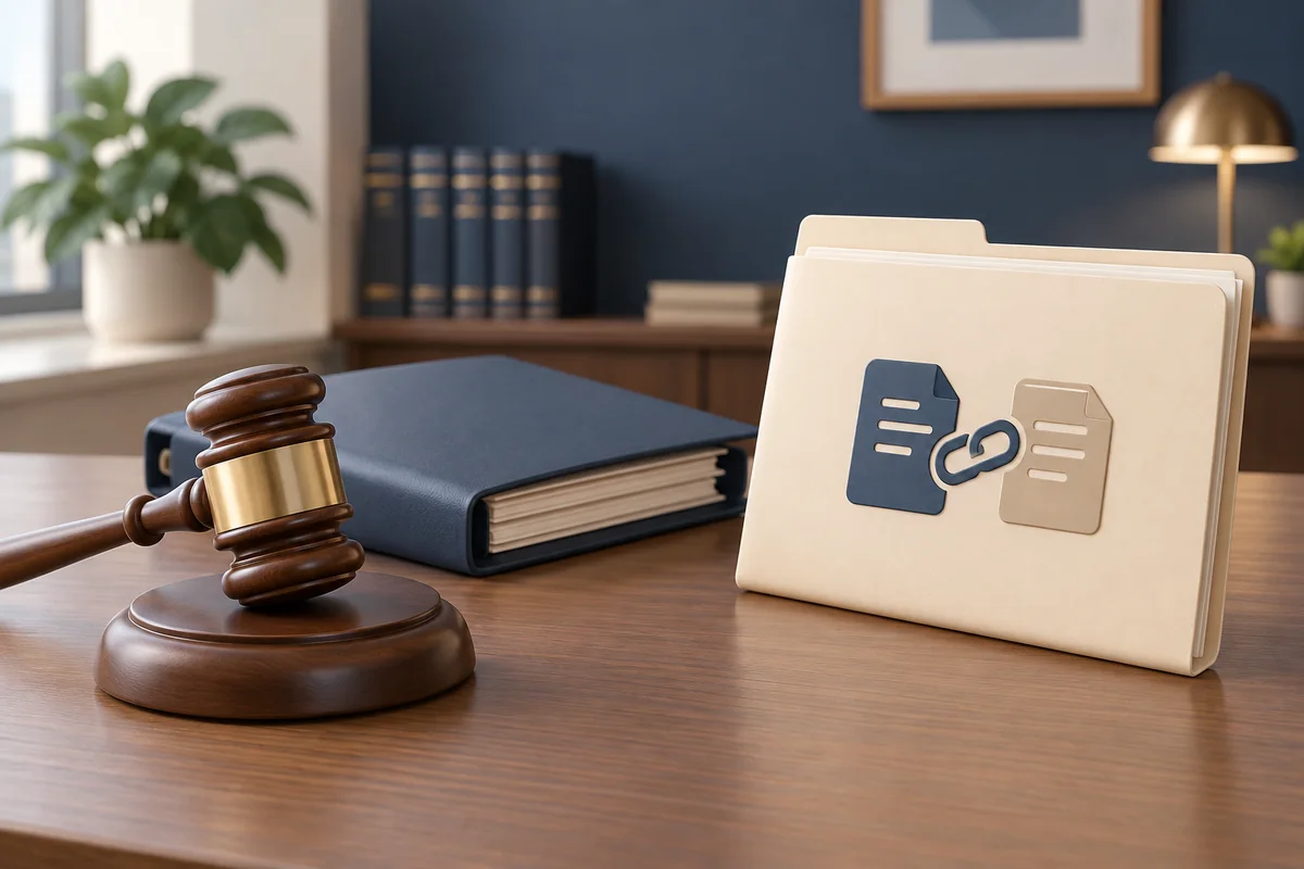 A judge’s gavel and a file folder sit beside a second case file, illustrating a legal matter waiting on another proceeding.