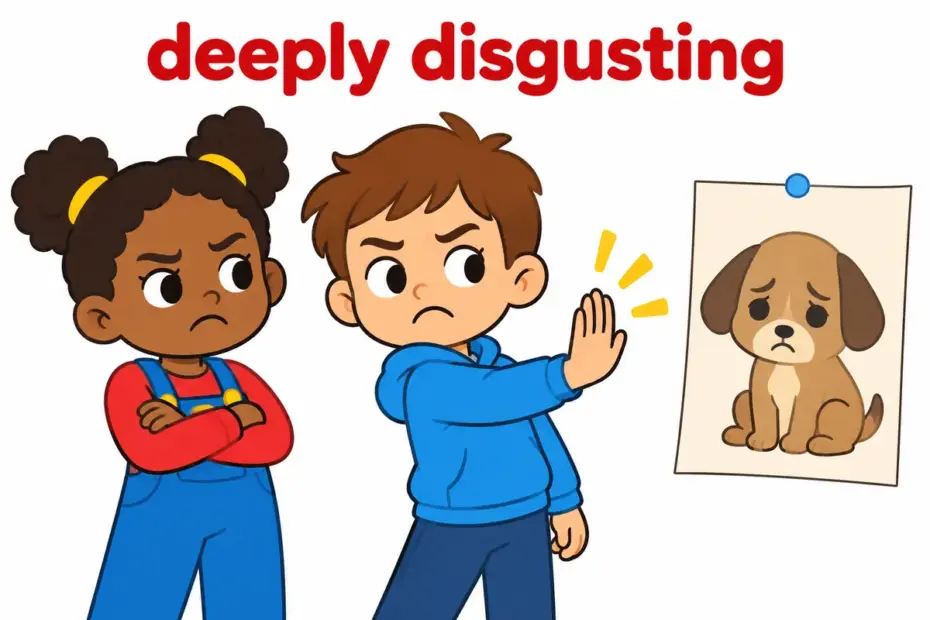 A cartoon child turns away in dismay from a sign about harming animals, showing abhorrent in a sentence as moral disgust.