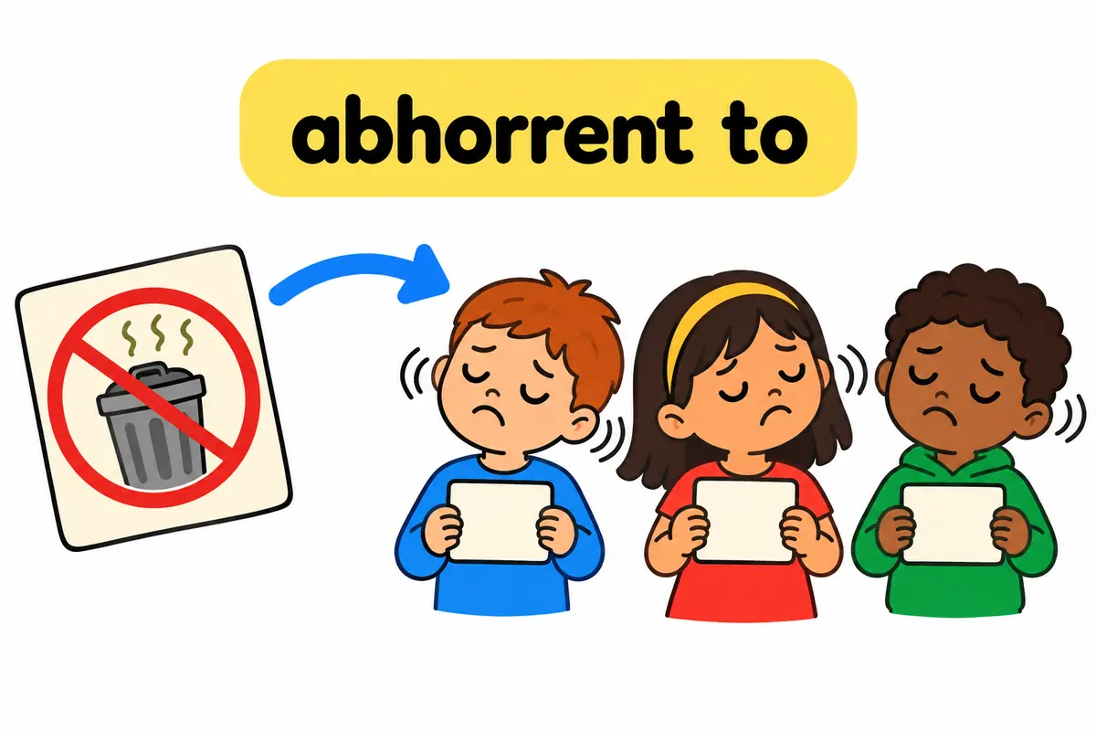 A cartoon arrow runs from a bad act on one card to a group of frowning children on another, showing the pattern abhorrent to.