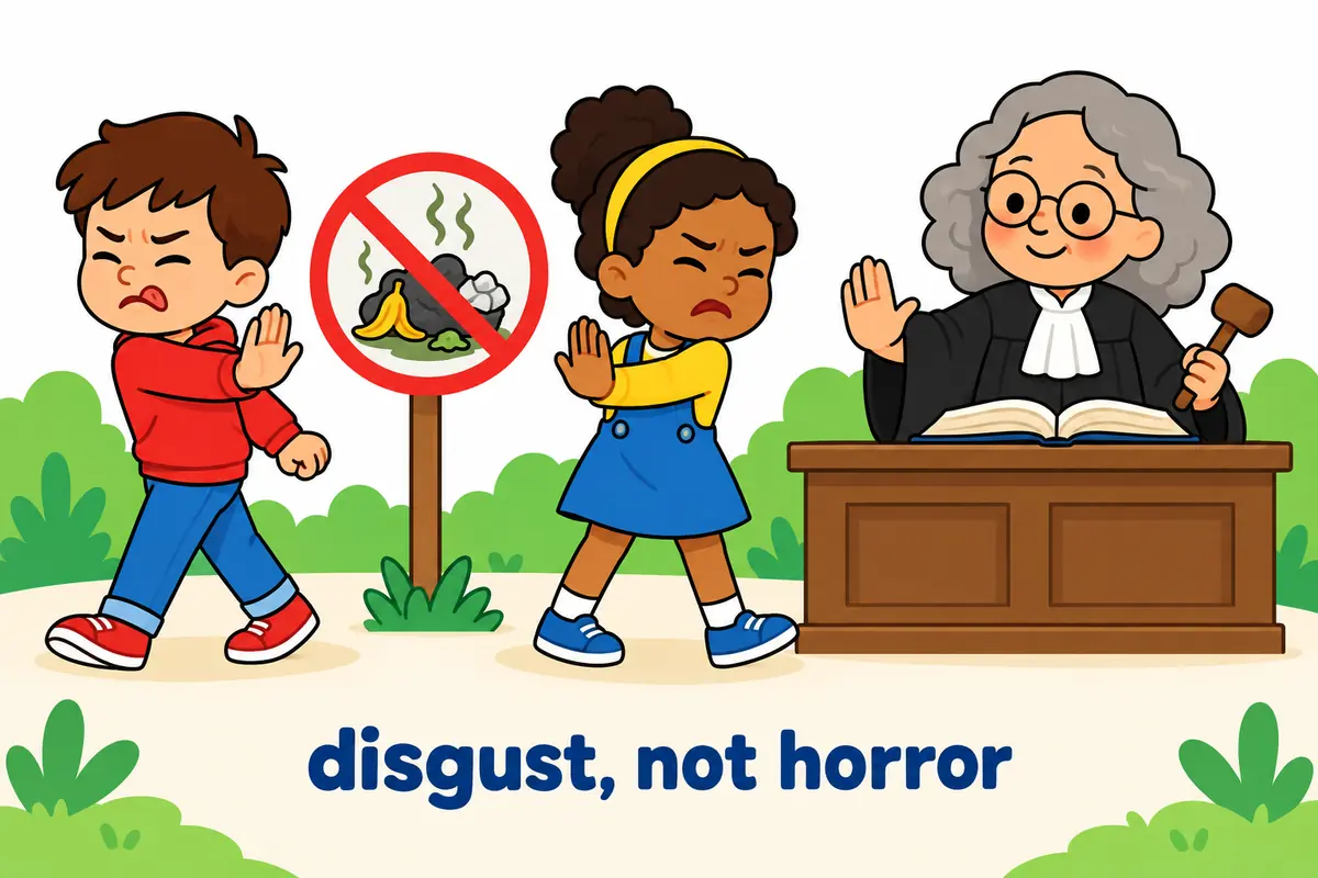A single cartoon scene contrasts children recoiling from a cruel sign with a courtroom scene considering a serious crime.