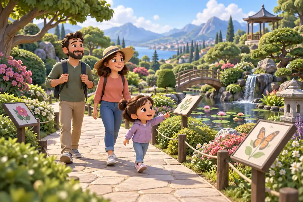 Visitors walk along a marked path through a landscaped garden.