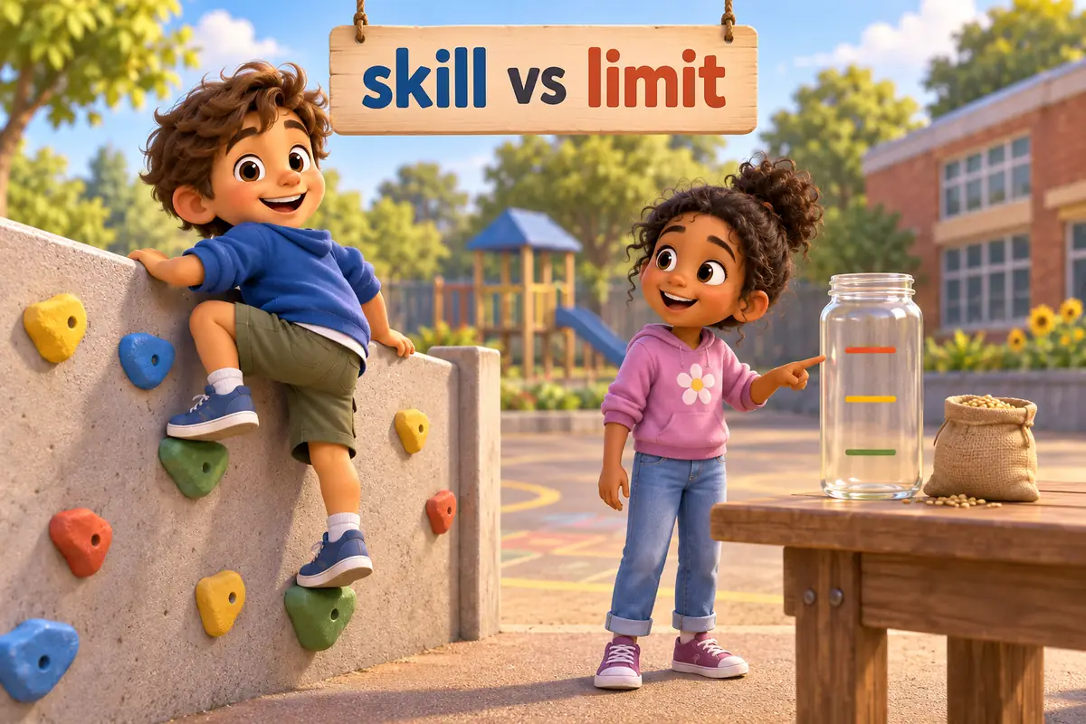 Cartoon children show ability vs capacity: one child climbs with skill while a jar measures how much it can hold.