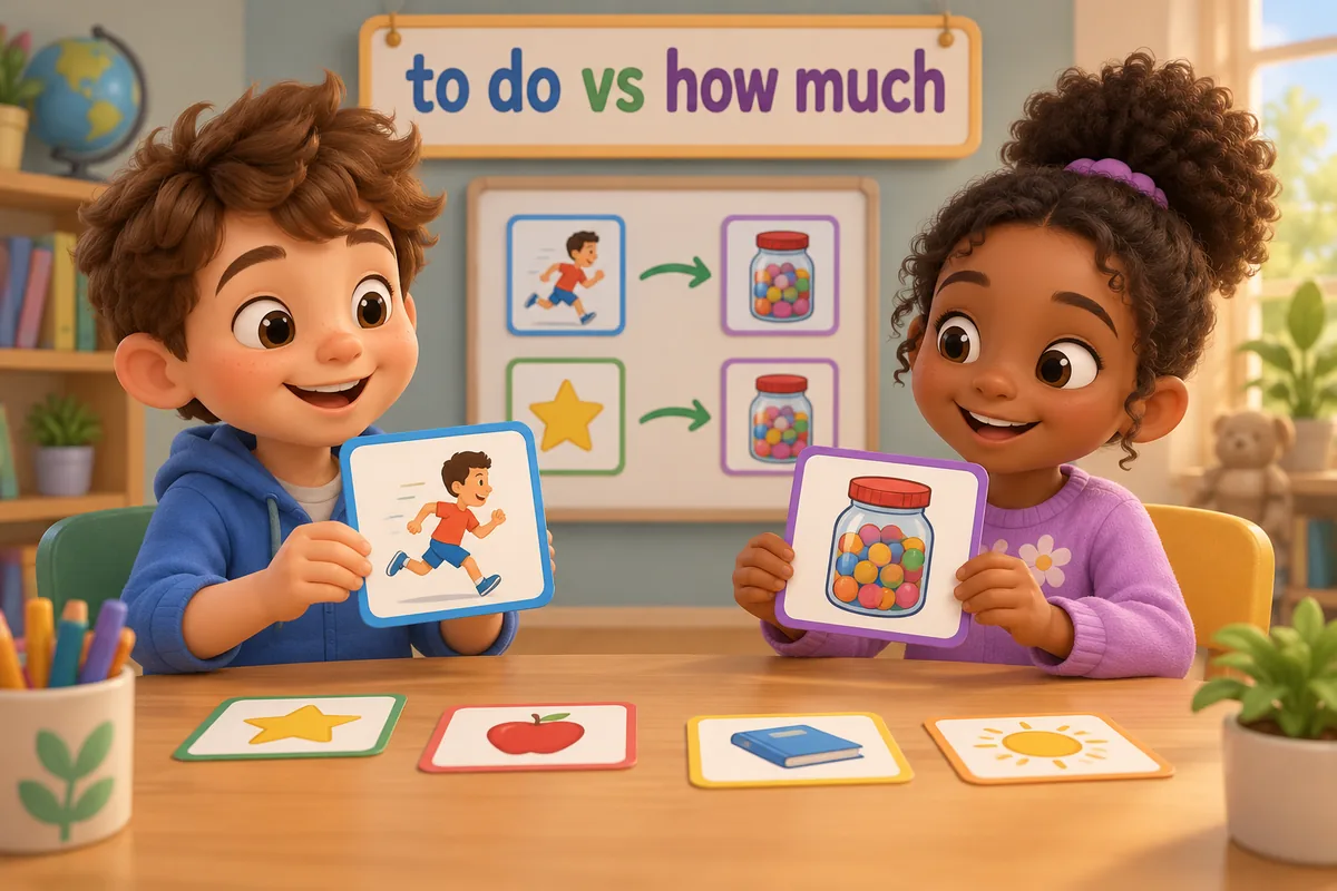 Two cartoon children sort cards on a table, one showing a to-do action and the other a number on a big jar.