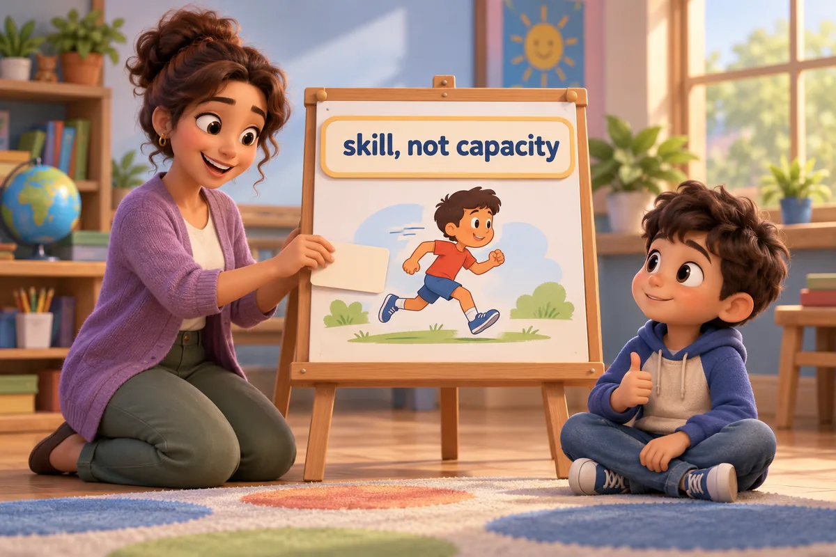 A cartoon teacher gently corrects a board where a running child is mislabelled, pointing to the skill word instead.