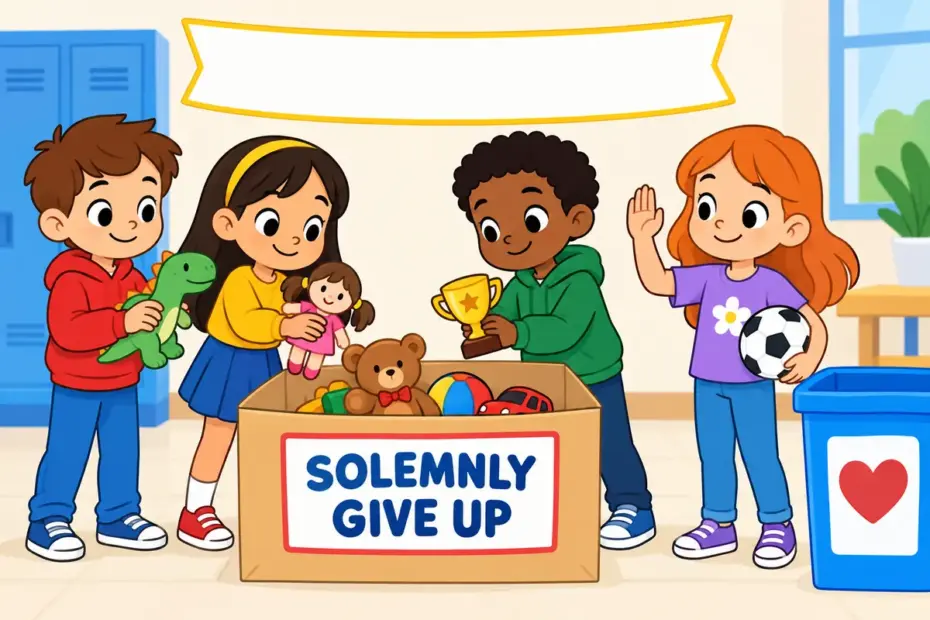 Cartoon children solemnly place old toys into a give-away box, showing abjure as formally giving something up.