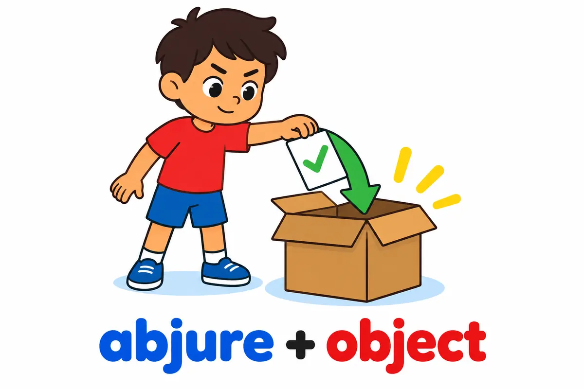 A cartoon child drops a signed promise card straight into a box, showing that abjure takes a direct object with no preposition.